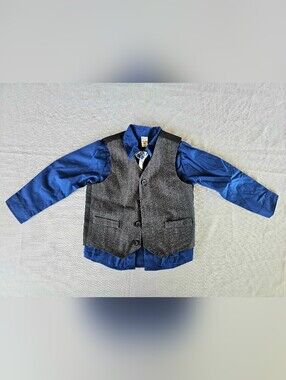 George 2 Piece Dress Up Blue Shirt With Gray Vest & Striped Tie Boys Toddler 3T